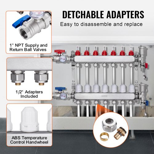 7Branch Radiant Heat Manifold 12 PEX Tubing Manifold Stainless Steel