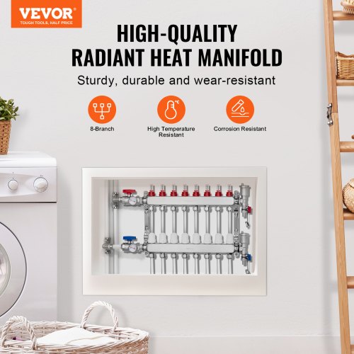 8Branch Radiant Heat Manifold 12 PEX Tubing Manifold Stainless Steel