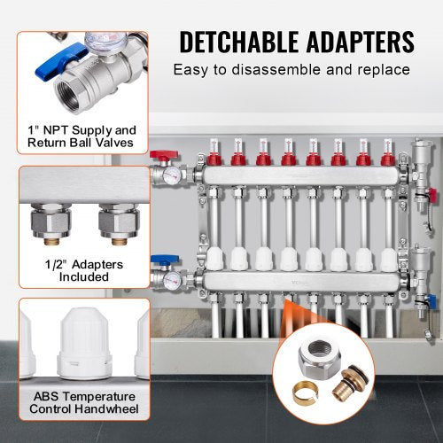 8Branch Radiant Heat Manifold 12 PEX Tubing Manifold Stainless Steel