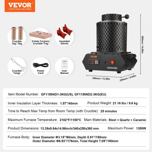 Gold Melting Furnace 1350W 2102 Max Temperature Digital Electric With 1 Kg And