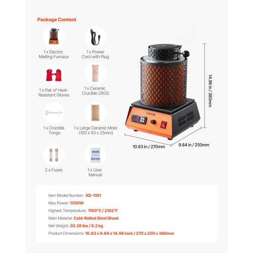 Electric Melting Furnace 1350W Metal Smelter Foundry 21021150 Smelting Machine