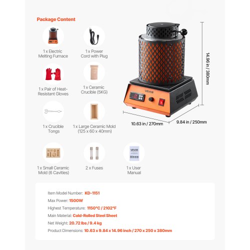 Electric Melting Furnace 1500W Metal Smelter Foundry 21021150 Smelting Machine