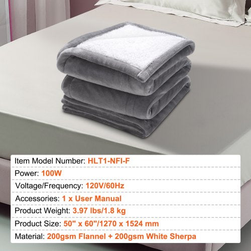 Heated Blanket Electric Throw 50 x 60 Twin Size Soft Flannel Sherpa