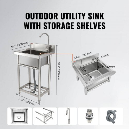 Stainless Steel Utility Sink 1 Compartment Free Standing Small Sink Include