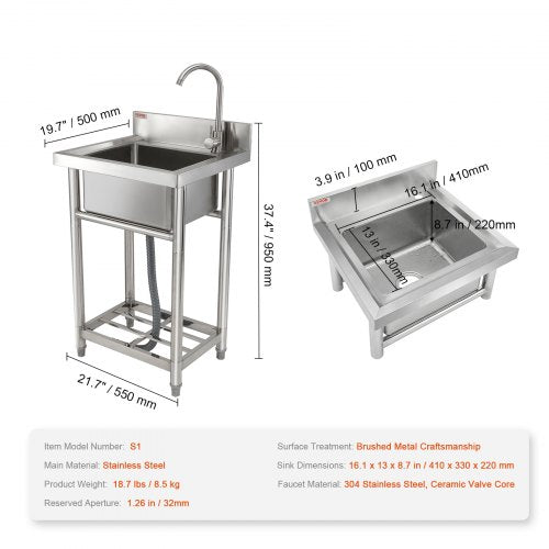 Stainless Steel Utility Sink 1 Compartment Free Standing Small Sink Include