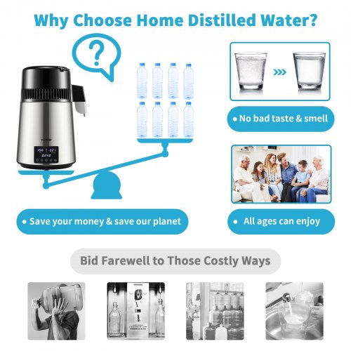 1.1Gal Water Distiller 0.4GalH Distilled Water Maker Machine 1750W 0-99H