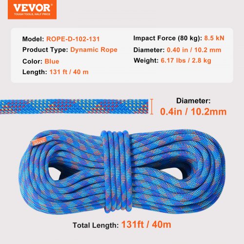 10.2mm Dynamic Climbing Rope 40M ( 131ft ) Outdoor Rock Climbing Rope 25KN