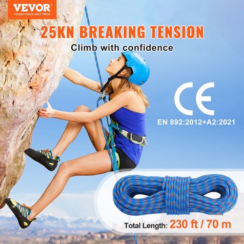 10.2mm Dynamic Climbing Rope 70M230ft Outdoor Rock Climbing Rope 25KN