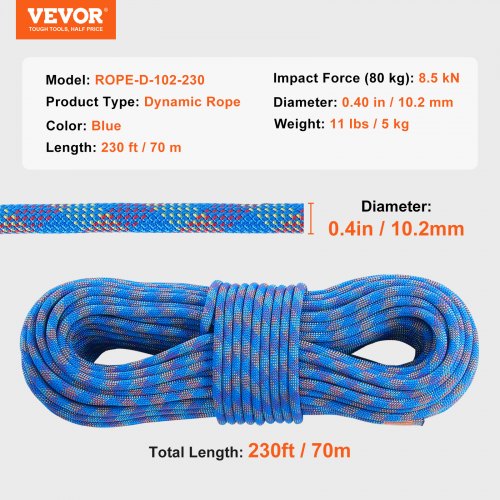 10.2mm Dynamic Climbing Rope 70M230ft Outdoor Rock Climbing Rope 25KN