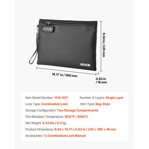 Fireproof Document Bag 1832 Heat Insulated Waterproof With Lock Portable File