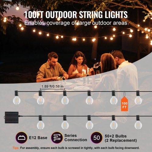 Solar Outdoor String Lights 100FT 2700K Dimmable Patio Lights with Remote
