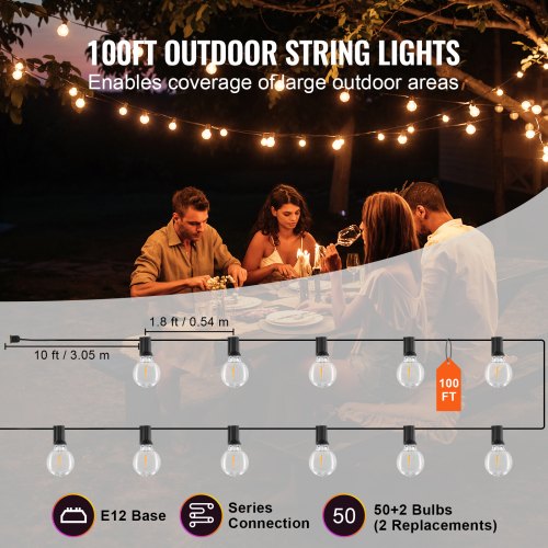 LED Outdoor String Lights 100FT 2700K Dimmable Outside Patio Lights with 50 G40