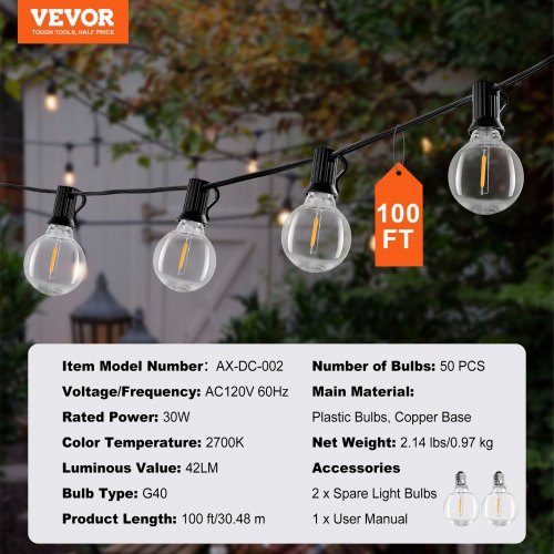 LED Outdoor String Lights 100FT 2700K Dimmable Outside Patio Lights with 50 G40