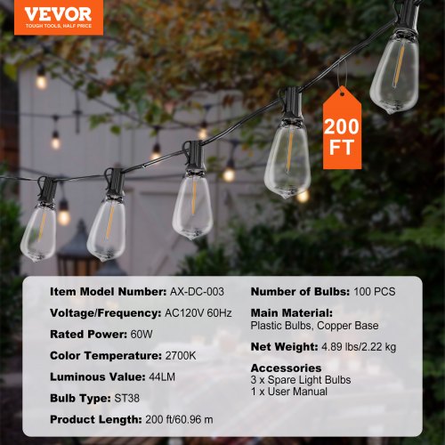 LED Outdoor String Lights 200FT 2700K Dimmable Outside Patio Lights with 100