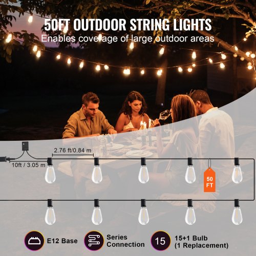 LED Outdoor String Lights 50FT 2700K Dimmable Outside Patio Lights with 15