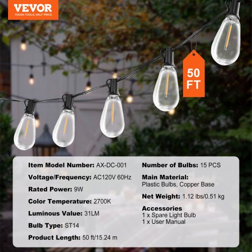 LED Outdoor String Lights 50FT 2700K Dimmable Outside Patio Lights with 15
