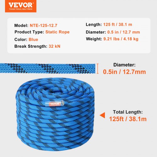 12.7mm Static Climbing Rope 38M125ft Outdoor Rock Climbing Rope 30KN
