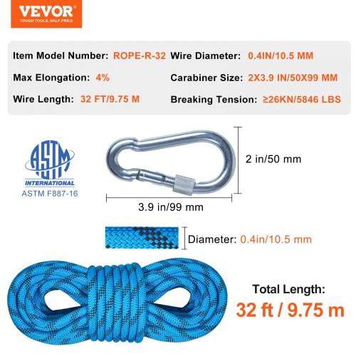 10.5 mm Static Climbing Rope 9.7M ( 32ft ) Outdoor Rock Climbing Rope 25KN