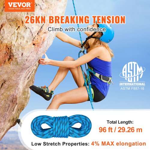 Static Climbing Rope 96 ft Outdoor Rock Climbing Rope with 26KN Breaking