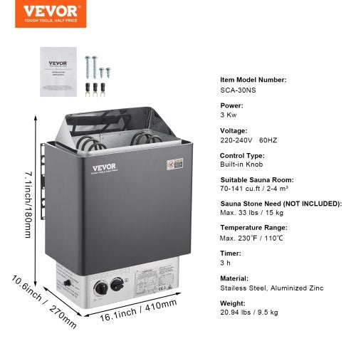 Sauna Heater 3KW 220V Electric Sauna Stove Steam Bath Sauna Heater with BuiltIn