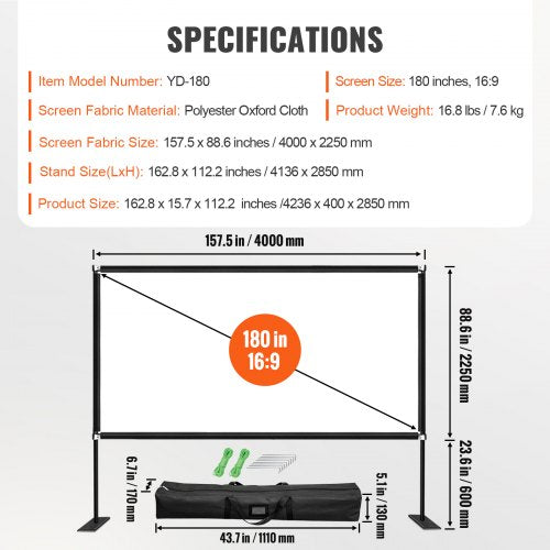 Movie Screen with Stand 180inch Portable Projector Screen 169 4K HD Wide