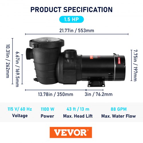 Swimming Pool Pump 1.5HP 115V 1100W Single Speed Pumps for Above Ground