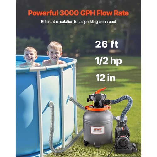 Sand Filter Pump for Above Ground Pool 12 in 3000 GPH 12 HP Swimming
