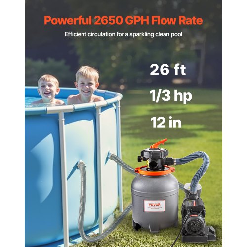 Sand Filter Pump for Above Ground Pool 12 in 2650 GPH 13 HP Swimming