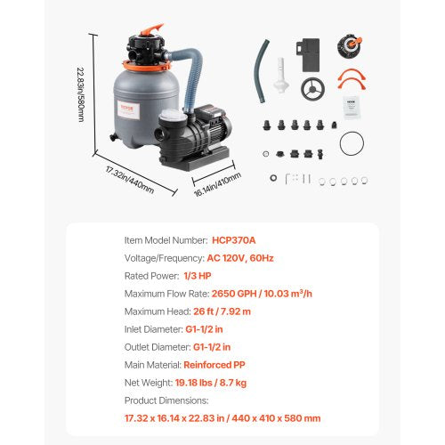 Sand Filter Pump for Above Ground Pool 12 in 2650 GPH 13 HP Swimming