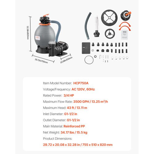 Sand Filter Pump for Above Ground Pool 16 in 3500 GPH 34 HP Swimming