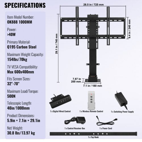 Motorized Tv Lift Stroke Length 35 Inches Mount Fit For 3265 Inch With Remote