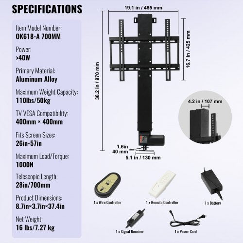 Automated TV Elevator for Up to 50 Screens 28 Stroke with Adjustable