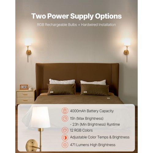 Battery Operated Wall Sconce Set of 2 4000mAh Rechargeable Wireless Wall