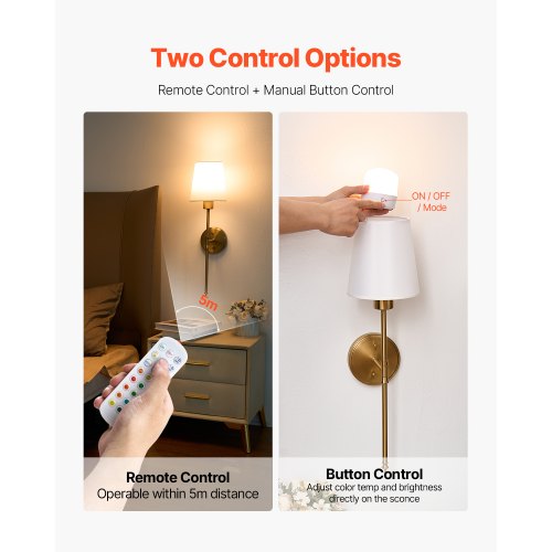 Battery Operated Wall Sconce Set of 2 4000mAh Rechargeable Wireless Wall