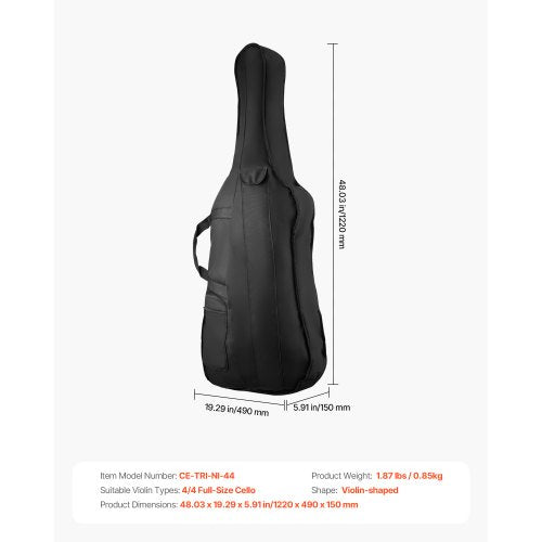 44 Full Size Cello Case Nylon Waterproof Lightweight Portable Travel