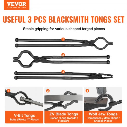 Blacksmith Tongs 18” 3 PCS VBit Bolt Tongs Wolf Jaw Tongs and Z VBit