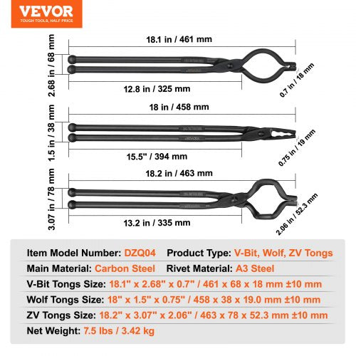 Blacksmith Tongs 18” 3 PCS VBit Bolt Tongs Wolf Jaw Tongs and Z VBit