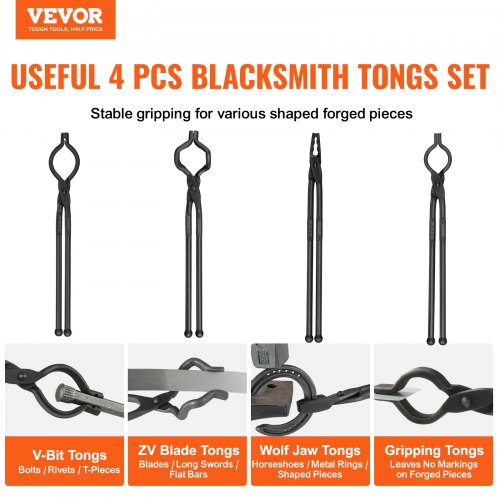 Blacksmith Tongs 18” 4 PCS VBit Bolt Tongs Wolf Jaw Tongs Z VBit Tongs