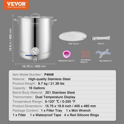 Stainless Steel Kettle 16 GALLON Brewing Pot Tri Ply Bottom for Beer Brew