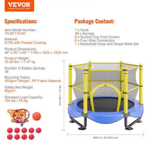 5FT Trampoline for Kids 60 Indoor Outdoor Trampoline with Safety Enclosure