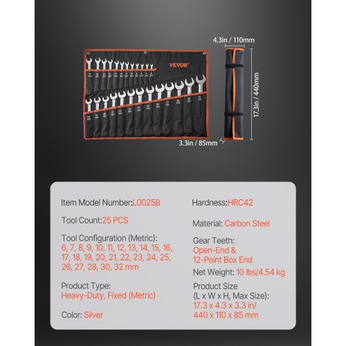 Combination Wrench Set 25Piece Open End Wrench Set with Rollup Pouch