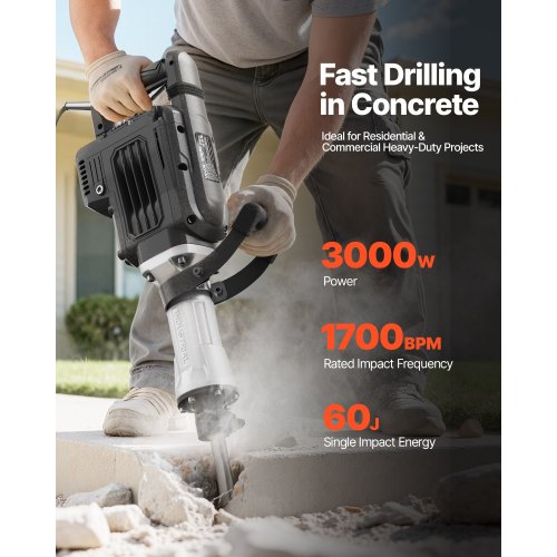 Demolition Jack Hammer 3000 W Powerful Electric Jackhammer 1700 Bpm Concrete