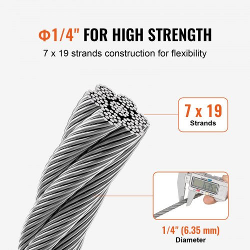 Wire Rope 14 250 ft Zinc Galvanized Carbon Steel Cable with Gloves 7000