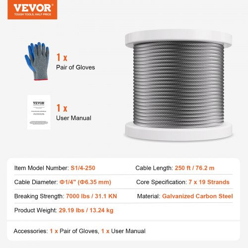 Wire Rope 14 250 ft Zinc Galvanized Carbon Steel Cable with Gloves 7000