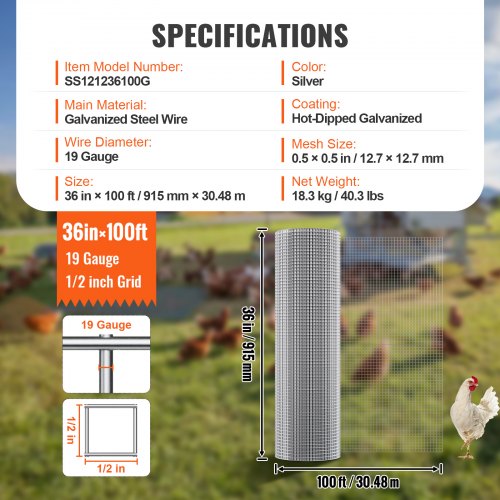 Hardware Cloth 12 inch 36in x 100 ft 19 Gauge Hot Dipped Galvanized Wire
