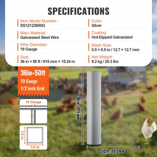 Hardware Cloth 12 inch 36in x 50 ft 19 Gauge Hot Dipped Galvanized Wire