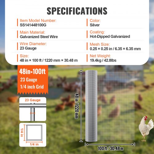 Hardware Cloth 14 inch 48in x 100 ft 23 Gauge Hot Dipped Galvanized Wire
