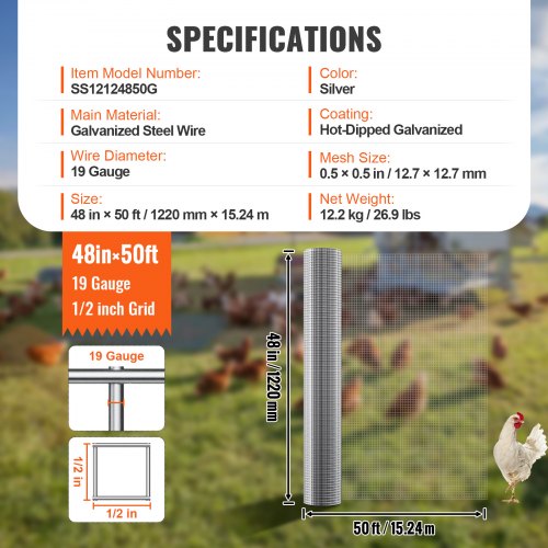 Hardware Cloth 12 inch 48in x 50 ft 19 Gauge Hot Dipped Galvanized Wire