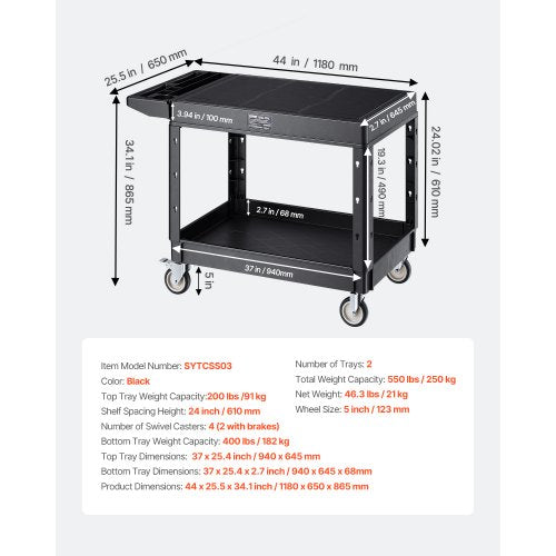 Utility Cart 550 lbs Load Capacity 37 x 25.4inch Service Cart TwoShelf