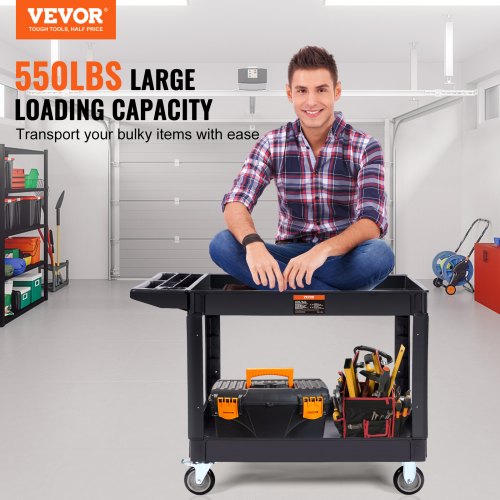 Utility Service Cart 2 Shelf 550LBS Heavy Duty Plastic Rolling Utility Cart